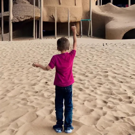 Prompt: kid standing on top of a 1 0 meter high sand tower