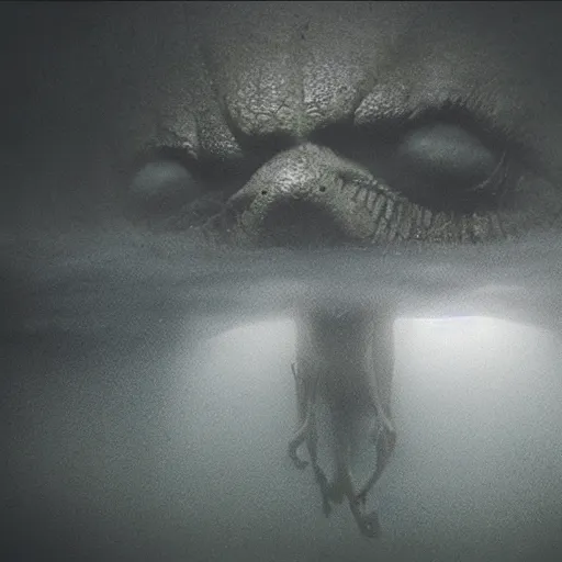 Image similar to sea monster about to eat pov underwater, visceral, unholy abomination, half submerged below eyes, pale skin, dark yellowish water, foggy water, misty, dark, dramatic,'silent hill ', big eyes, terrifying, horrific, cinematic