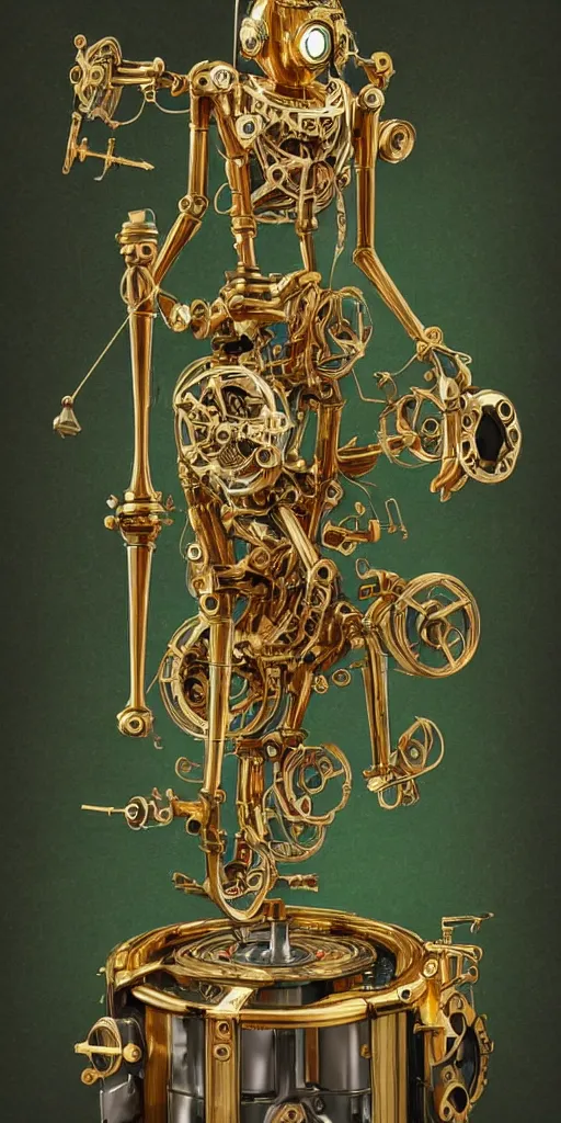 Prompt: full body shot of a mechanical clockwork marionette made of brass and gold with a dark green cloths, glowing emerald eyes, puppet, ornate, engraved highly detailed, fantasy, render, digital painting, trending on artstation, concept art, sharp focus, illustration, global illumination, ray tracing, realistic shaded, art by artgerm and greg rutkowski