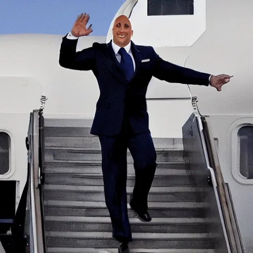 Image similar to dwayne johnson as president of the united states walking down the steps of air force one. photorealistic.