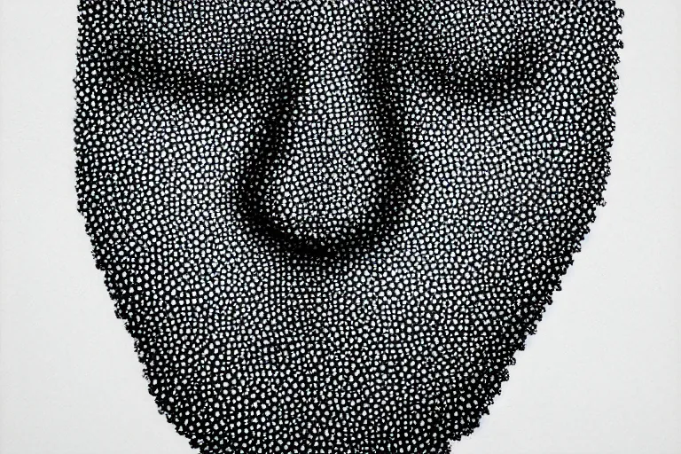 Image similar to face made out of mist, faceless people dark, dots, drip, stipple, pointillism, technical, abstract, minimal, style of francis bacon, asymmetry, pulled apart, cloak, hooded figure, made of dots, abstract, balaclava