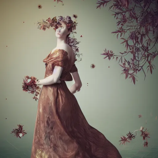 Image similar to 8 k, octane render, realism, tonalism, renaissance, rococo, baroque, portrait of a young lady wearing long manga dress with flowers and ivy, background chaotic gold leaf flowers