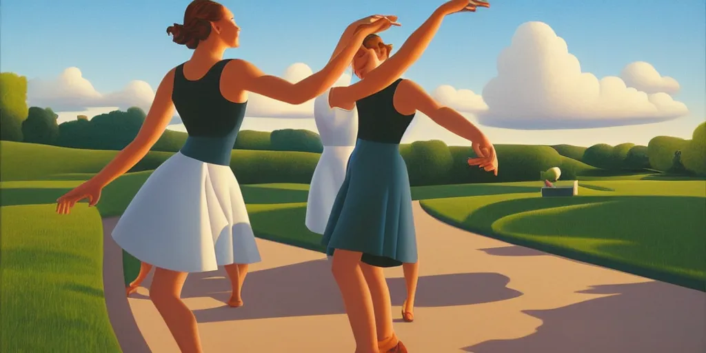 Image similar to sister dancing, blue sky, summer evening, kenton nelson