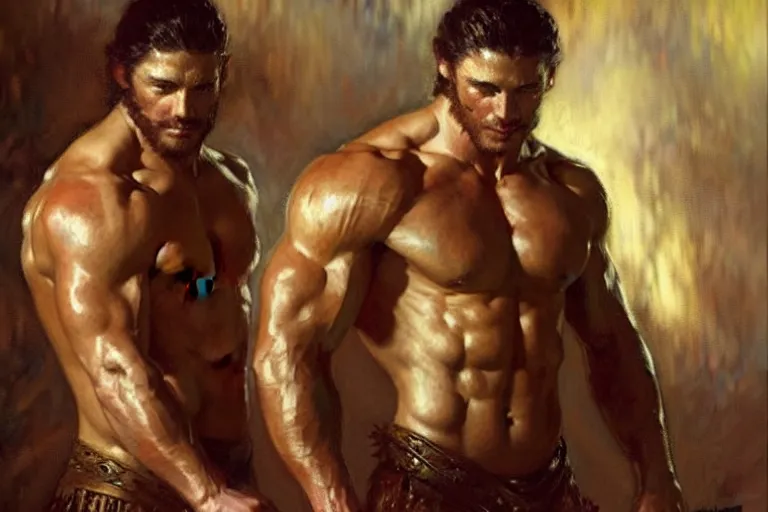 Image similar to 2 muscular attractive men, game of thrones, painting by gaston bussiere, craig mullins, greg rutkowski, alphonse mucha