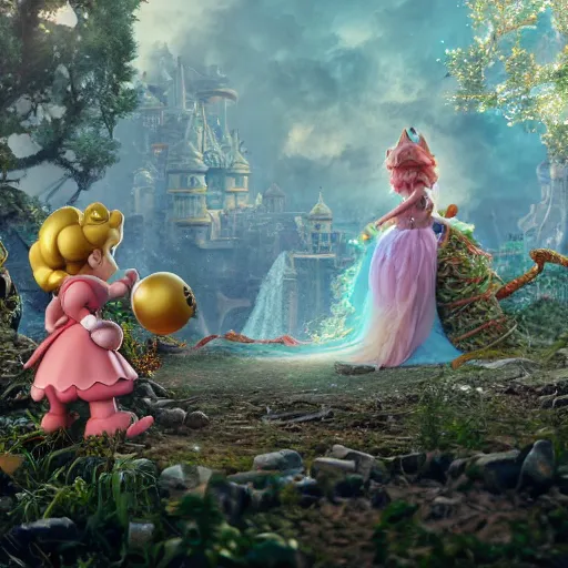 Prompt: mario and peach, fairy tale, stunning, surrounding cinematic light, hyper detailed, ornate and intricate, 4 k cinematic octane render