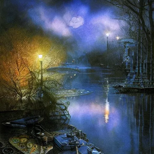 Image similar to A Mystic River, The River Is Full of Lights, Mysticism, Artwork, Watercolor, Cinematic, Exposure, Slit-Scan Photography, 4k, Ultra-HD, Incandescent, Ray Tracing Reflections, insanely detailed and intricate, elegant, ornate, hyper realistic, super detailed by Dorothea Tanning, by Bruce Pennington