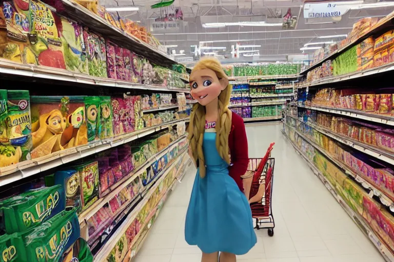 Image similar to anna from frozen shopping in a supermarket, ultra realistic, photorealistic