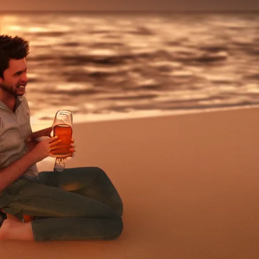 Prompt: a man chilling on the beach drinking golden premium gasoline, realistic, hdr, clear image, hdd, dynamic lighting, rtx on,