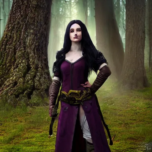 Prompt: yennefer as a medieval fantasy wood elf, dark purplish hair tucked behind ears, wearing a green tunic with a fur lined collar and brown leather armor, wide, muscular build, scar across nose, one black, scaled arm, cinematic, character art, digital art, forest background, realistic. 4 k