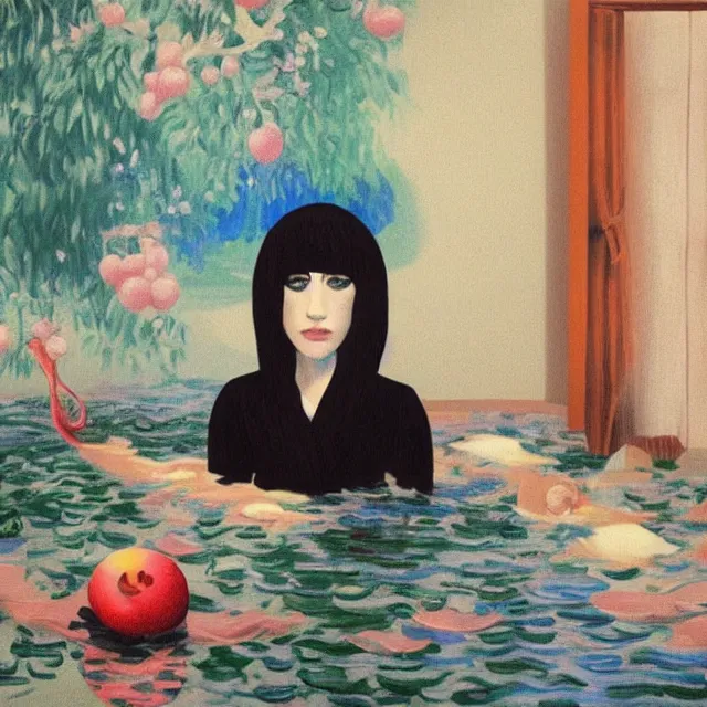 Image similar to female emo art student in her apartment, painting of flood waters inside an artist's feminine bedroom, a river flooding indoors, pomegranates, pigs, ikebana, water, octopus, river, rapids, waterfall, black swans, canoe, berries, acrylic on canvas, surrealist, by magritte and monet