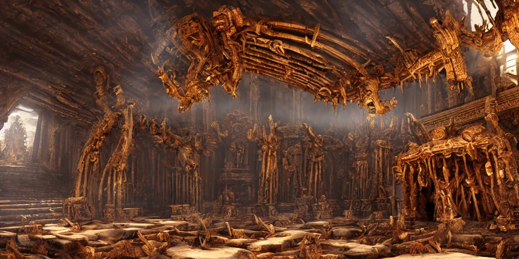 Image similar to ancient temple made of ribs and spines and teeth, gold ram horns, copper goat skulls, grand imposing powerful sculpture. swirls of mist. intense light beams, lens flare. occult photorealism, uhd, amazing depth, volumetric lighting, cinematic lighting. epic landscape.