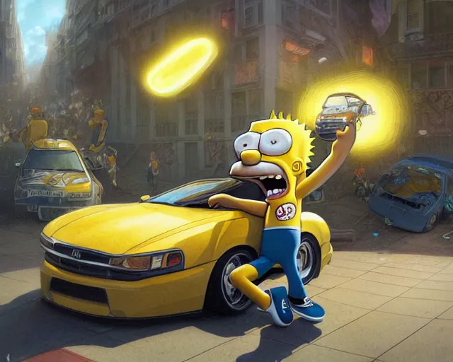 Image similar to realistic photography of bart simpson involved in a car crush, deep focus, intricate, elegant, highly detailed, digital painting, artstation, concept art, matte, sharp focus, illustration, art by artgerm and greg rutkowski and alphonse mucha