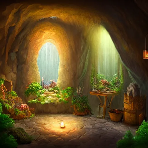 Image similar to cozy bathhouse hidden in a cave, candlelight, towels, cushions, natural light, lush plants and flowers, elegant, intricate, fantasy, atmospheric lighting, digital painting, concept art