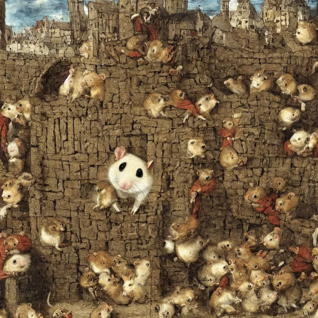 Prompt: a hamster in a medieval stockade, in the town square, crowd of angry hamsters surrounding, 1 2 th century europe theme