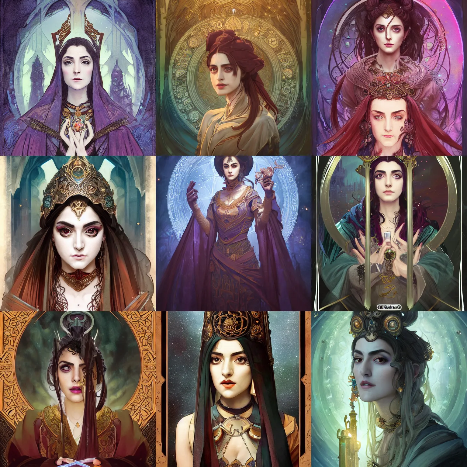 Prompt: masterpiece head-on symmetrical centered painted portrait, Maya Ali as D&D Mage, Gloomhaven game style, wearing wizard robes, elegant, tarot card background, in the style of ROSSDRAWS and Ruan Jia and Ross Tran and Alphonse Mucha and Ayami Kojima and Charlie Bowater and Karol Bak and Jean Delville, pixar, maya engine, splash comics, global illumination lighting, rich bright colours