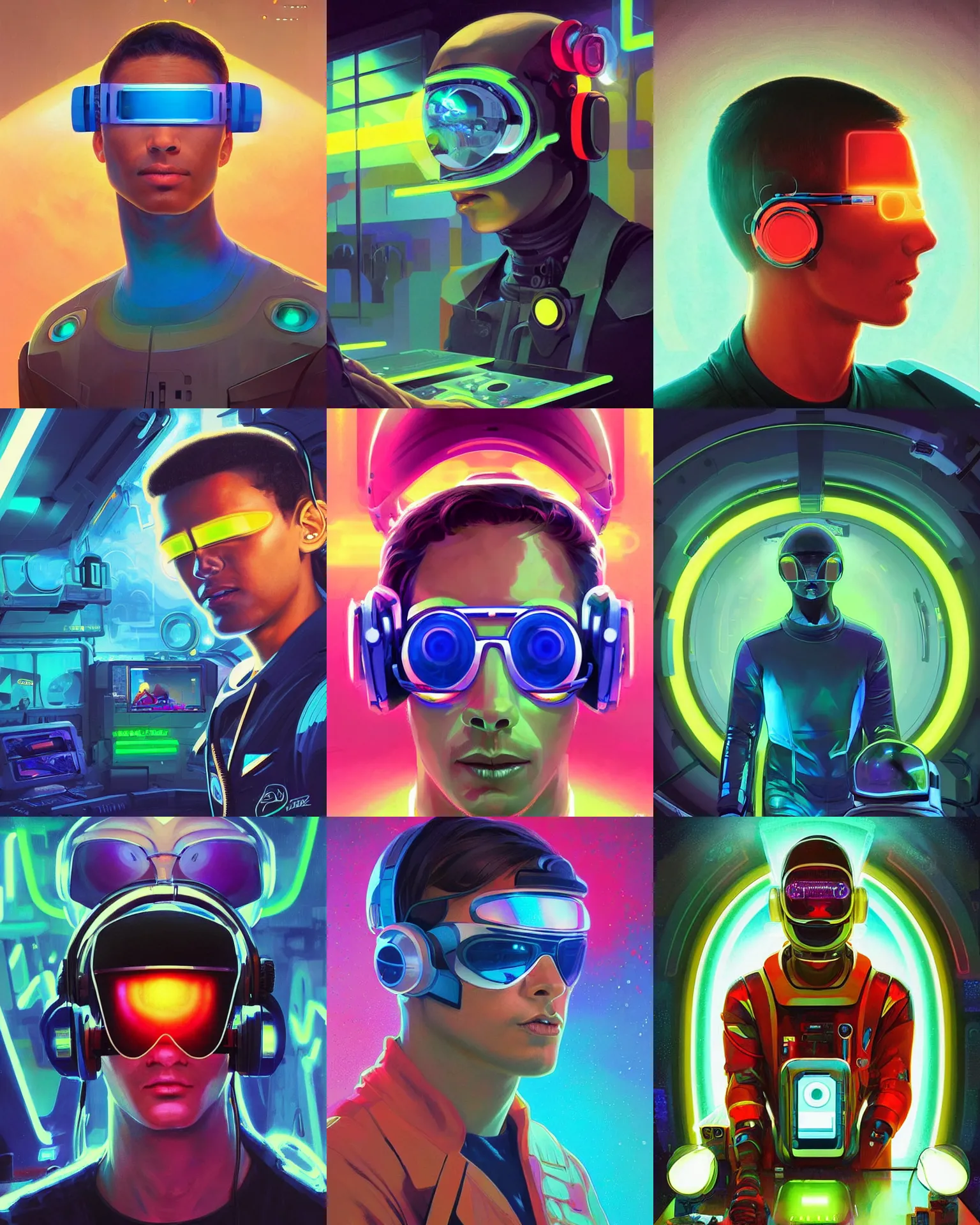 Image similar to future coder man looking on, sleek cyclops display over eyes and sleek bright headphoneset, neon accent lights, holographic colors, desaturated headshot portrait digital painting by dean cornwall, rhads, john berkey, tom whalen, alex grey, alphonse mucha, donoto giancola, astronaut cyberpunk electric