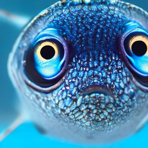 Image similar to a cute blue microscopic fish looking at the camera with large eyes