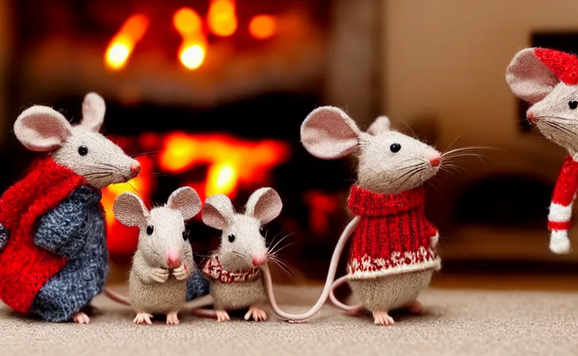 Image similar to close - up of a mouse family sitting in front of a cozy christmas fireplace wearing woolen sweater, cinematic lighting, dark atmosphere