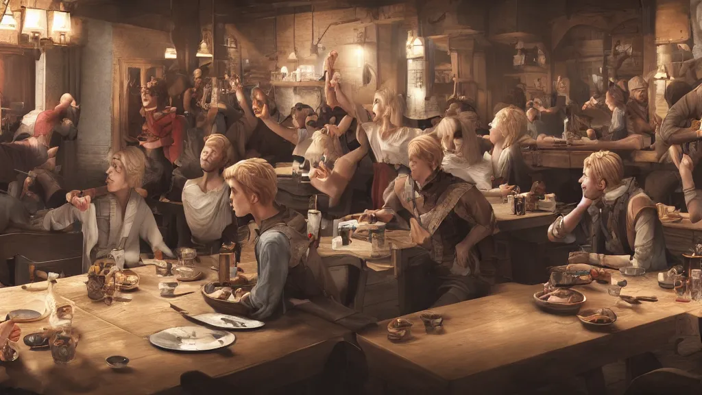 Prompt: A young blonde boy thief in a tavern surrounded by friends, octane render, high detail, photorealistic, High details,4k