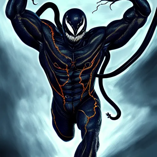 Image similar to venom as a good hero, hyper detailed masterpiece, digital art painting, hyper realism aesthetic