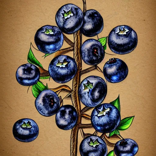 Image similar to drawing of blueberry bush. Traditional art. Rustic. Nordic. 4K. Trending on artstation. Detailed Bushy. Nature. Artistic.