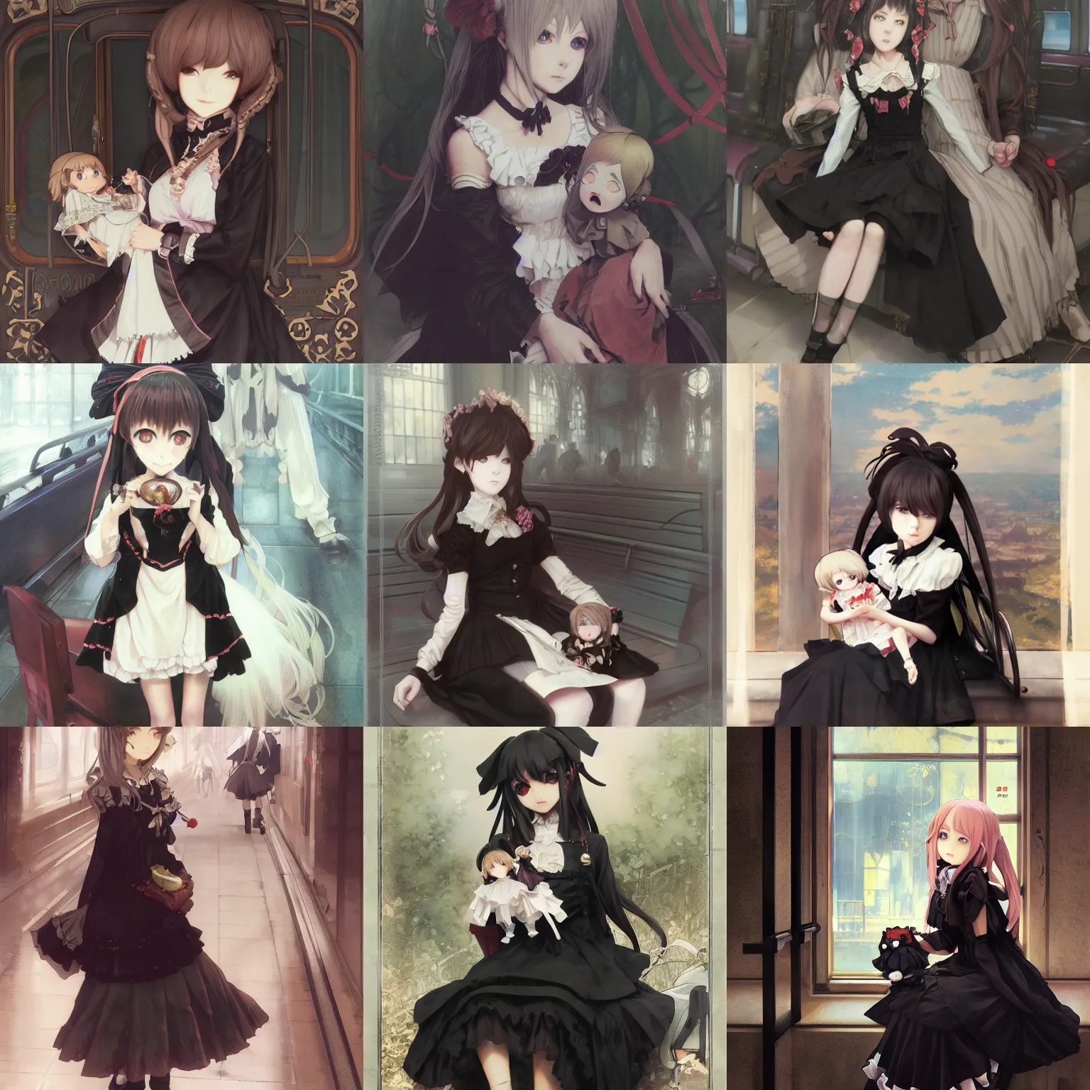 Prompt: a character design of anime girl in a black gothic lolita dress holding a doll sitting on the subway by krenz cushart and mucha and akihito yoshida and greg rutkowski, detailed eyes, 4 k resolution