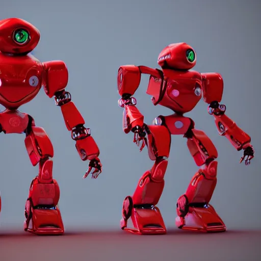 Image similar to small robot characters in red, warzone, octane render