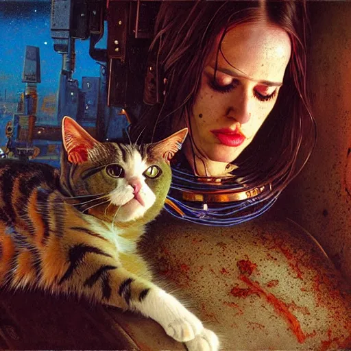 Prompt: cyborg eva green petting cat, cybertronic gadgets, dirty colours, rotten textures, rusty shapes, biotechnology, bao pnan, tim hildebrandt, wayne barlow, bruce pennington, donato giancola, larry elmore, oil on canvas, denoise, masterpiece, featured on pixiv, cinematic composition, hyper - detailed, hd, hdr