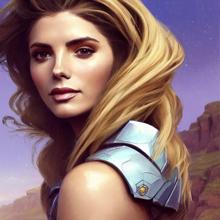 Prompt: portrait of a combination of Ashley Greene, Victoria Justice and Adriana Dxim, Grace Kelly and Lily Collins with blond hair wearing Forerunner armor from Halo, countryside, calm, fantasy character portrait, dynamic pose, above view, sunny day, thunder clouds in the sky, artwork by Jeremy Lipkin and Giuseppe Dangelico Pino and Michael Garmash and Rob Rey and Greg Manchess and Huang Guangjian, very coherent asymmetrical artwork, sharp edges, perfect face, simple form, 100mm