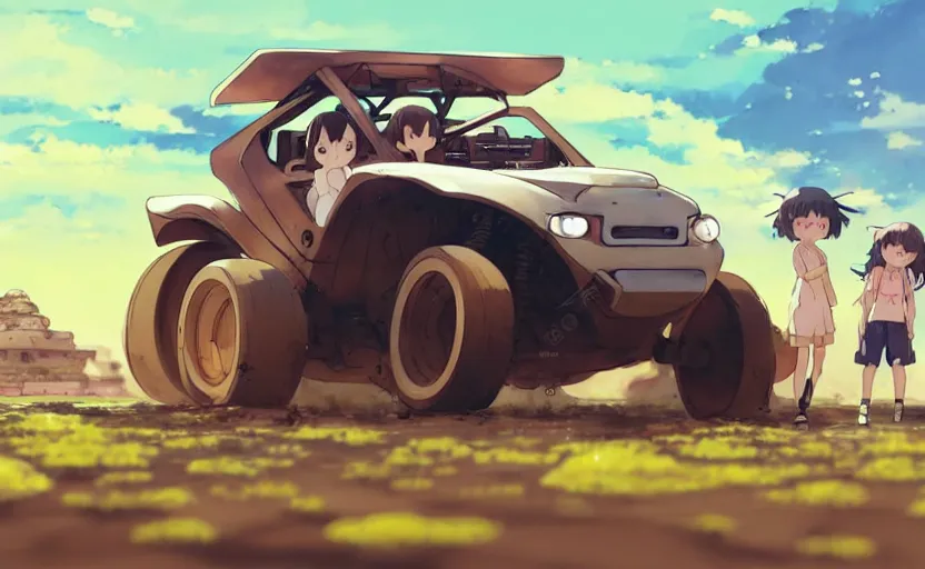 Prompt: a cute girl driving a kyosho buggy, clear summer sky background, dirt and luch landscape, illustration concept art anime key visual trending pixiv fanbox by wlop and greg rutkowski and makoto shinkai and studio ghibli and kyoto animation, rc car, off - road circuit, obstacles and jumps