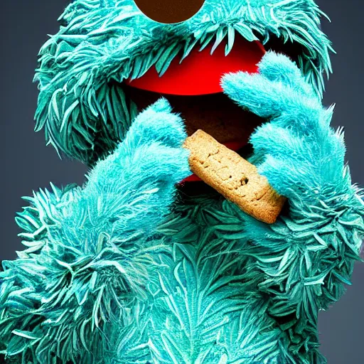 Prompt: cookie monster smoking a blunt turning into a weed bud stylised jonathan zawada photography portrait