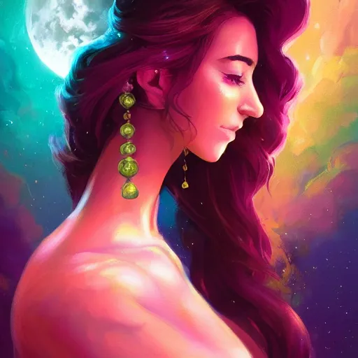 Image similar to portrait of beautiful woman with magical nebula hair, maya ali mage, gloomhaven, dynamic lighting, gaudy colors, octane render aesthetic, matte painting concept art, official fanart behance hd artstation by jesper ejsing, by rhads and makoto shinkai and lois van baarle and ilya kuvshinov and rossdraws