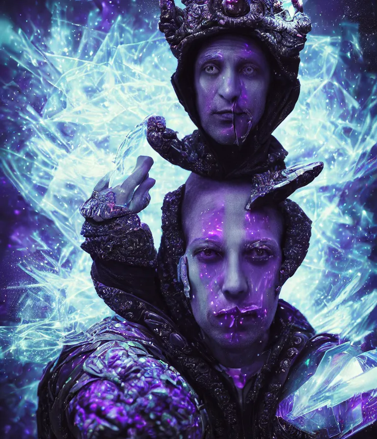 Image similar to impressive entrancing front!! shot photo of a court jester character fine portrait fine portrait mesmerizing caustics hyper cubes platinum cracked dark future hyper dimensional space galactic crystal nebula edges elegant detailed intricate concept artstation sharp focus ray tracing cinematic masterpiece temporal corruption beeple wlop germ 8 4 k scifi glossy hyper realistic illustration canon eos r 3 fujifilm x - t 3 0 sony alpha