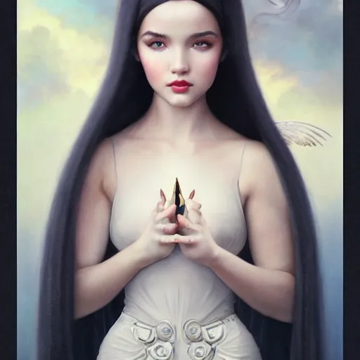 Prompt: tom bagshaw portrait, beautiful asian mix of dove cameron madison beer bella poarch in a full dress body, etheral makeup, ornamentals, professionally retouched, focus eyes, ultra realistic soft painting, insanely detailed linework, symmetrical accurate intricate features, behance, 8 k