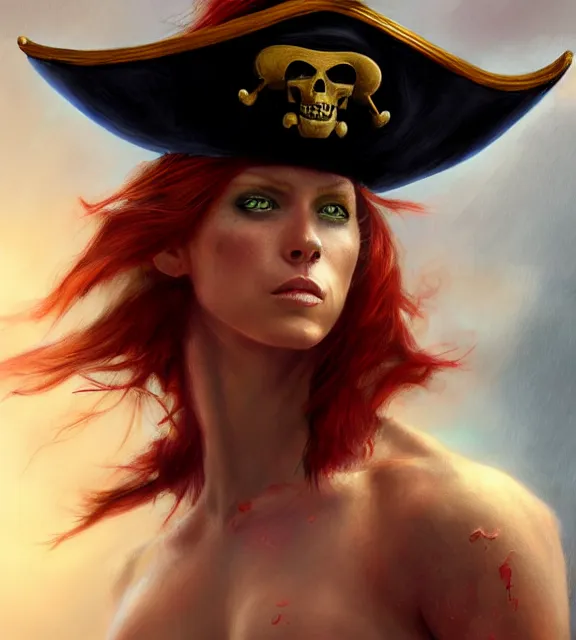 Prompt: muscular female pirate at sea, perfect face, black hat, leather halter top, ginger hair, abs, cinematic, blush, stunning, athletic, strong, agile, highly detailed, psychedelic, digital painting, artstation, smooth, hard focus, illustration, art by jessica rossier and and brian froud