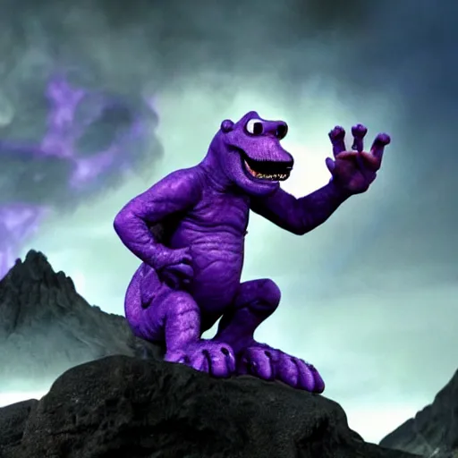 Prompt: barney the purple dinosaur burns in the lava of mount doom clutching the one ring