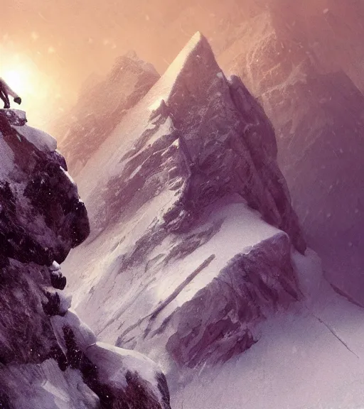 Image similar to a climber climbs a snowy mountain in a storm, close portrait, painting by craig mullins, octane rendering, soft morning lighting, wide angle lens, in the style of hayao miyazaki, trending on artstation,