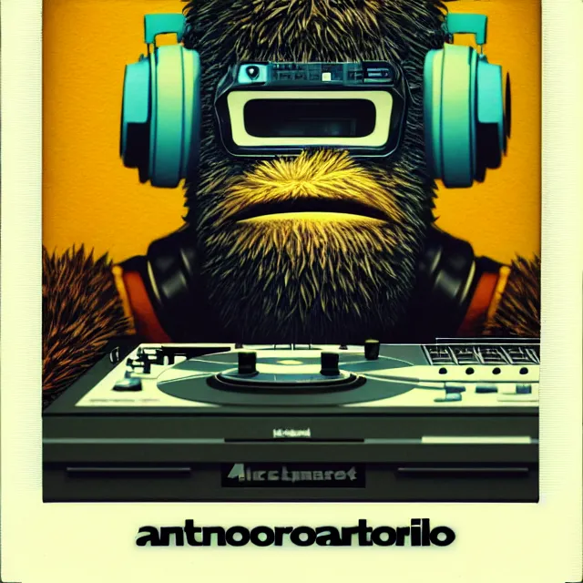 Prompt: a polaroid portrait of an anthropomorphic cyberpunk bigfoot dj at the turntables spinning records, detailed render, tape deck, boombox, headphones, epic composition, cybernetics, 4 k realistic, cryengine, realistic shaded lighting, sharp focus, masterpiece, by matteo scalera, gary montalbano, peter elson in the style of the tokyo ghost comic