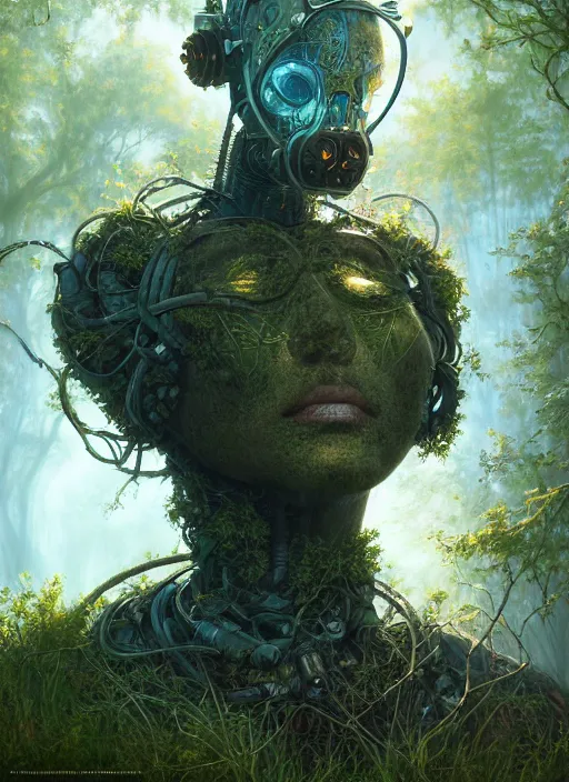 Image similar to Portrait of an Ancient overgrown Robot laying in a clearing, extremly detailed digital painting, sunlight, in the style of Tomasz Alen Kopera and Fenghua Zhong and Peter Mohrbacher, mystical colors, rim light, beautiful lighting, 8k, stunning scene, raytracing, octane, trending on artstation