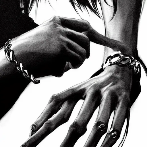 Prompt: beautiful long hands with rings and braclets, pinterest picture, in the style of Yoji Shinkawa and Hyung-tae Kim, concept art, highly detailed-H 704