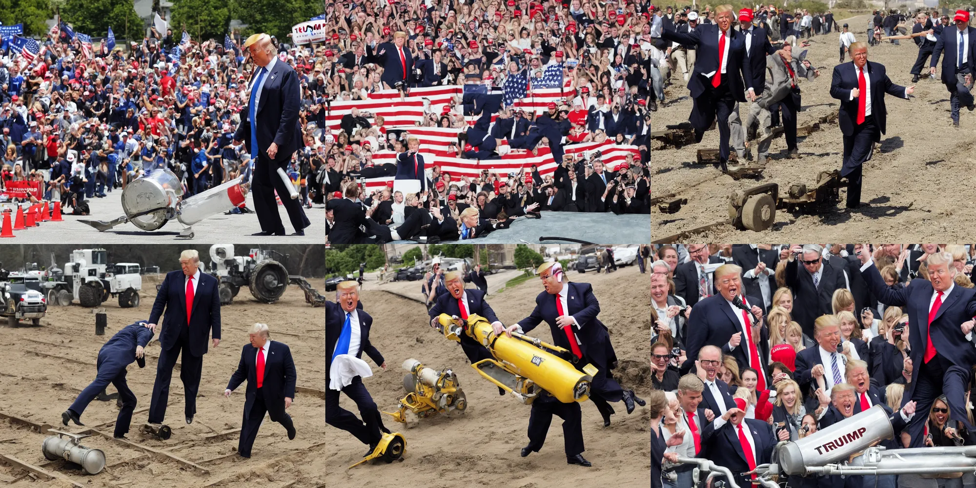 Prompt: ! donald trump! running from a large!!!! steamroller!!!!,