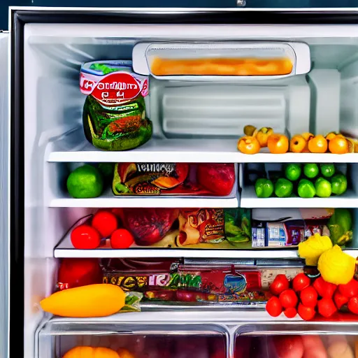 Image similar to fridge full of food, highly detailed, high quality, HD, 4k, 8k, Canon 300mm, professional photographer, 40mp, lifelike, top-rated, award winning, realistic, sharp, no blur, edited, corrected, trending