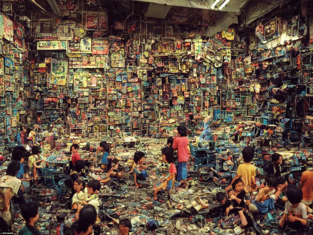 Image similar to closeup 1 9 8 8 photo of : inside the labyrinthine “ kowloon walled city ”, children are playing colorful video games in a narrow cramped dense indoor arcade. the arcade is full of industrial machinery, and is tattered and dirty. full - color professional journalistic photography from “ time ” magazine.