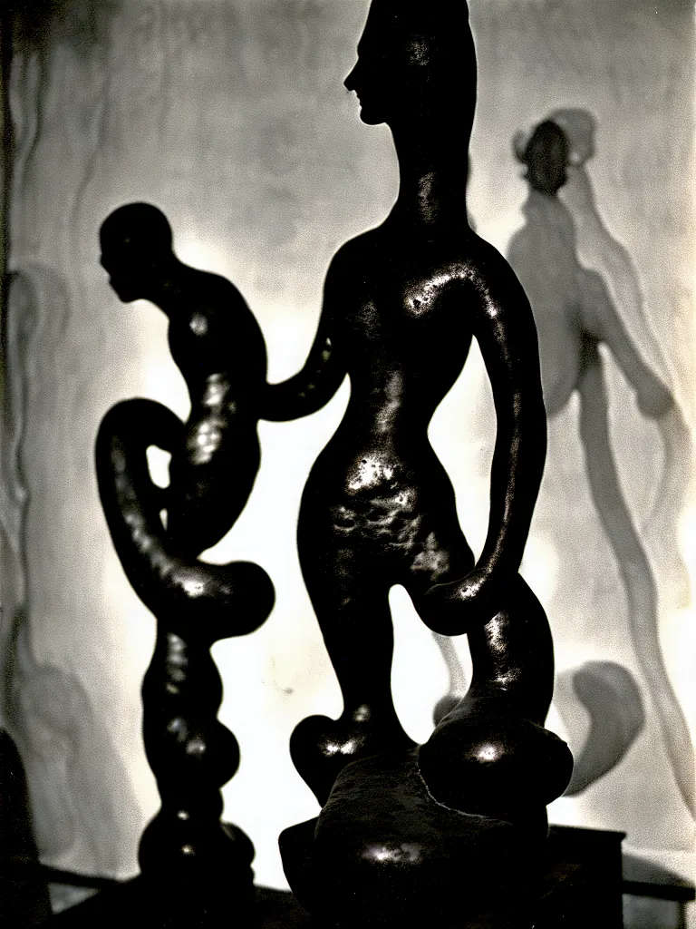 Image similar to extreme harsh lighting antique photograph of biomorphic surreal sculpture of a curvaceous standing figure of enemy of mankind, made of plaster and old circuitry and stained with sumi ink, sculpted by alexander rodchenko and eva hesse, photographed by francesca woodman, tragic grainy shallow depth of field high contrast shocking detail trending on artstation 8 k