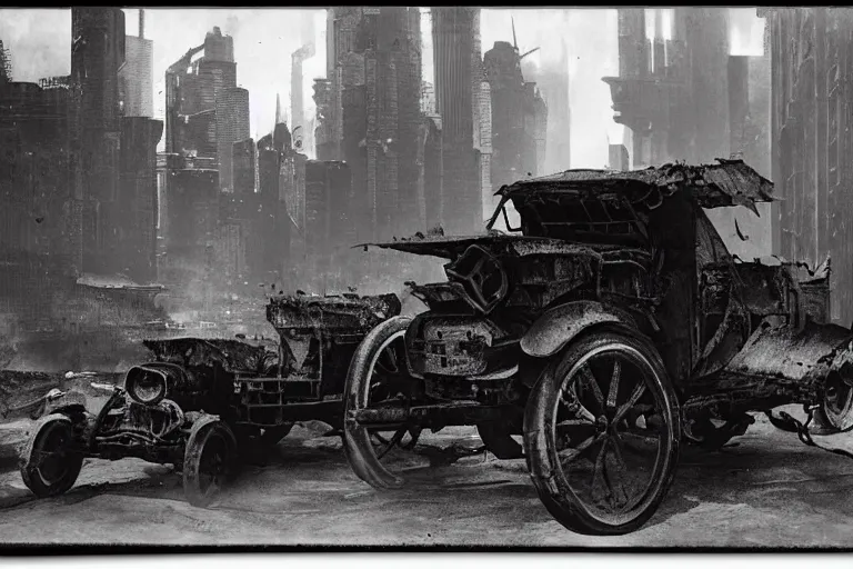 Image similar to cyberpunk 1 9 0 8 model ford t by paul lehr, jesper ejsing, metropolis, parked by view over city, vintage film photo, robotic, damaged photo, scratched photo, silent movie, black and white photo