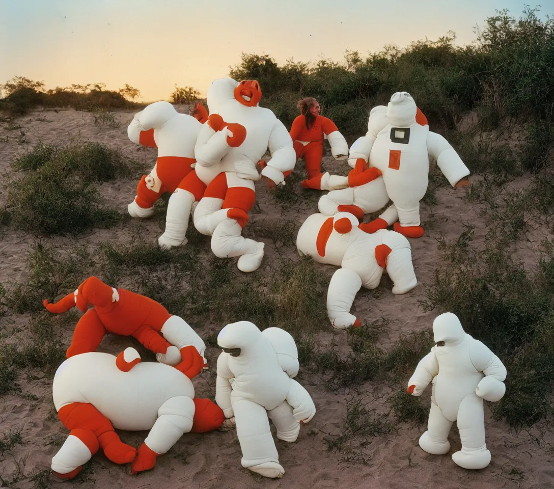 Image similar to a 3 5 mm photography, kodachrome colour of clint eastwood fighting with white michelin man costume, hippos and alien plants around, beach and sunset backlight, photos taken by martin parr with strong flash on camera