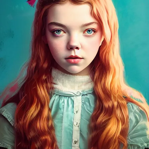 Image similar to a beautiful scenic painting of a beautiful young girl that looks like anya taylor - joy by artgerm and wlop and wes anderson and spike jonze