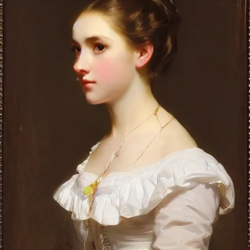 Image similar to portrait of a young woman sitting by Franz Xaver Winterhalter, high quality, highly detailed, single face, beautiful, symmetry, romanticism