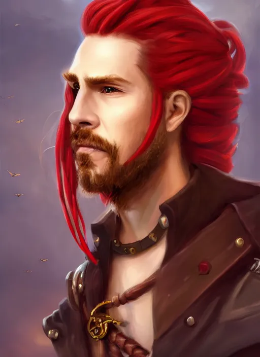 Prompt: portrait of a male pirate with flowing red hair!!!!!!, handsome, braids, leather coat, side profile, Steampunk airship!!!!!!!, D&D, fantasy, simple clothing!!!!, elegant, highly detailed, digital painting, deviantart, artstation, concept art, sharp focus, illustration, art by Artgerm and Greg Rutkowski and Alphonse Mucha