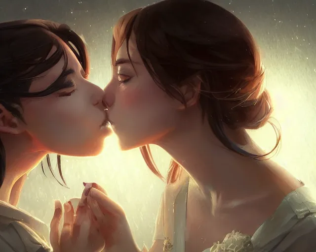 Image similar to two beautiful girls kissing, sharp details, sharp focus, elegant, highly detailed, illustration, by jordan grimmer and greg rutkowski and pine ( ハイネ ) and 薯 子 imoko and 香 川 悠 作 and wlop and maya takamura, intricate, beautiful, trending artstation, pixiv, digital art